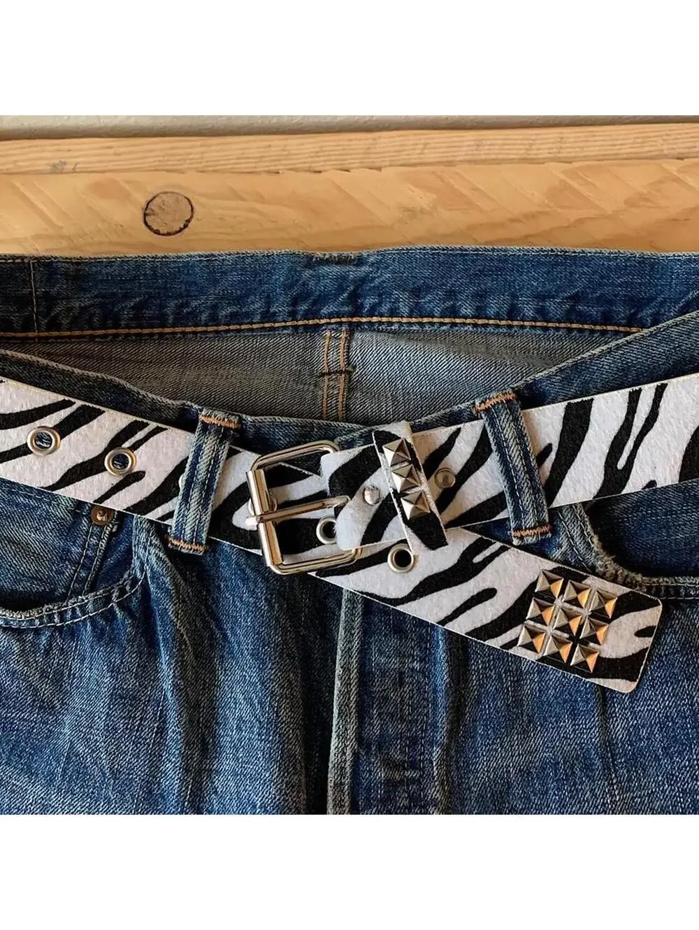 Y2k cyber 2000s style Zebra white fur studded silver belt. 42 inches